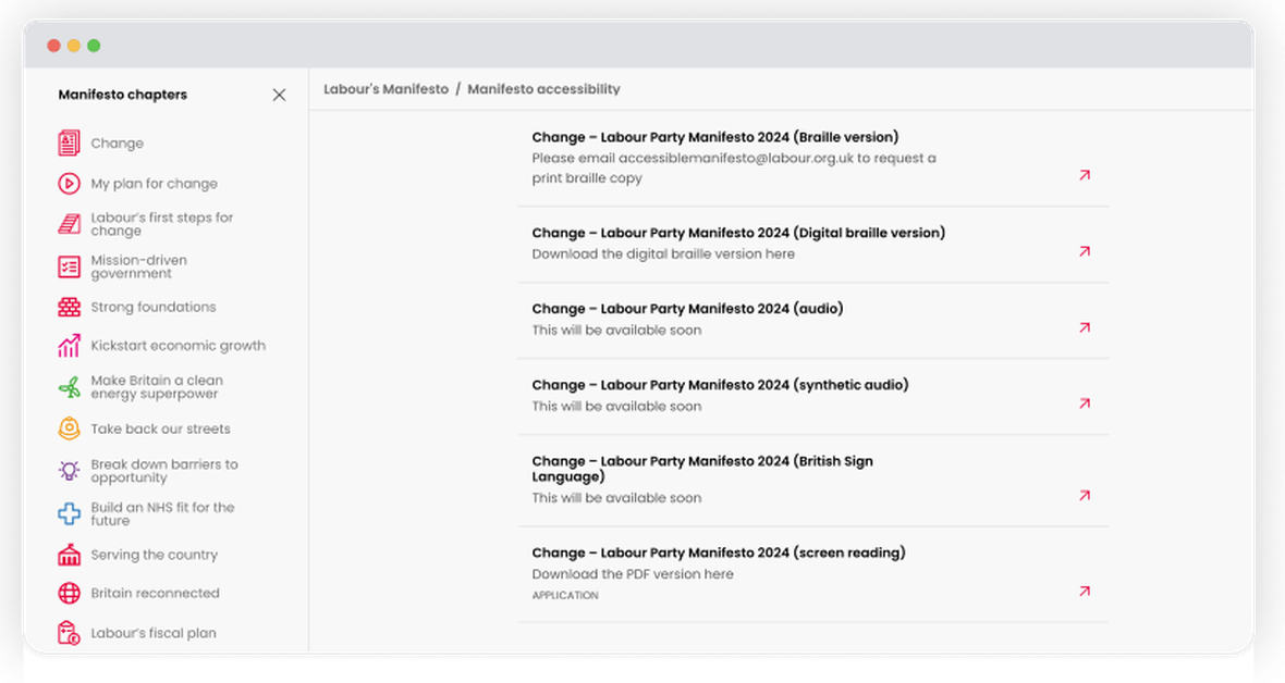 Browser view of Labour Party website containing list of Manifesto options