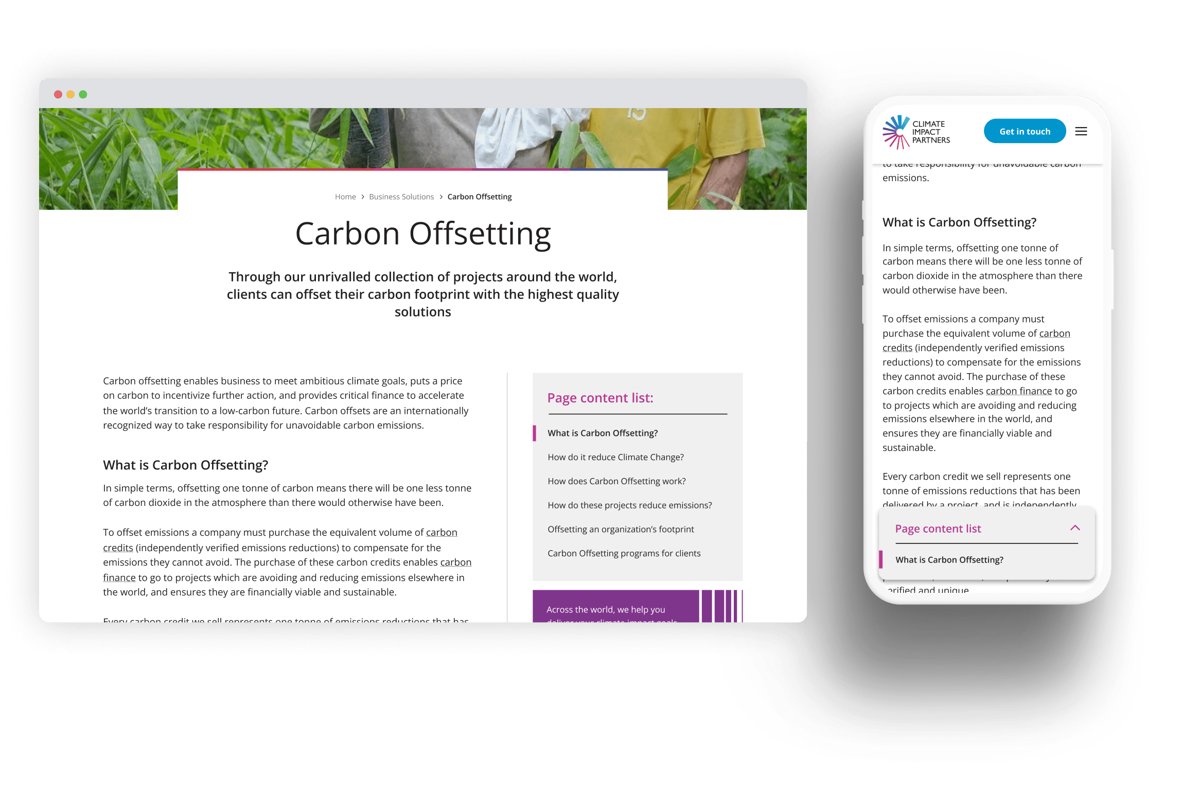 The Climate Impact Partners site shown on both desktop and mobile