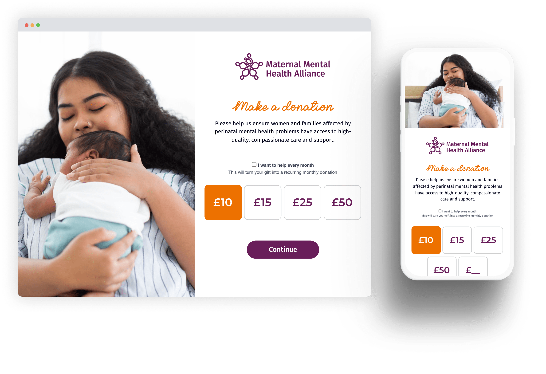 The Maternal Mental Health Alliance website shown on both desktop and mobile